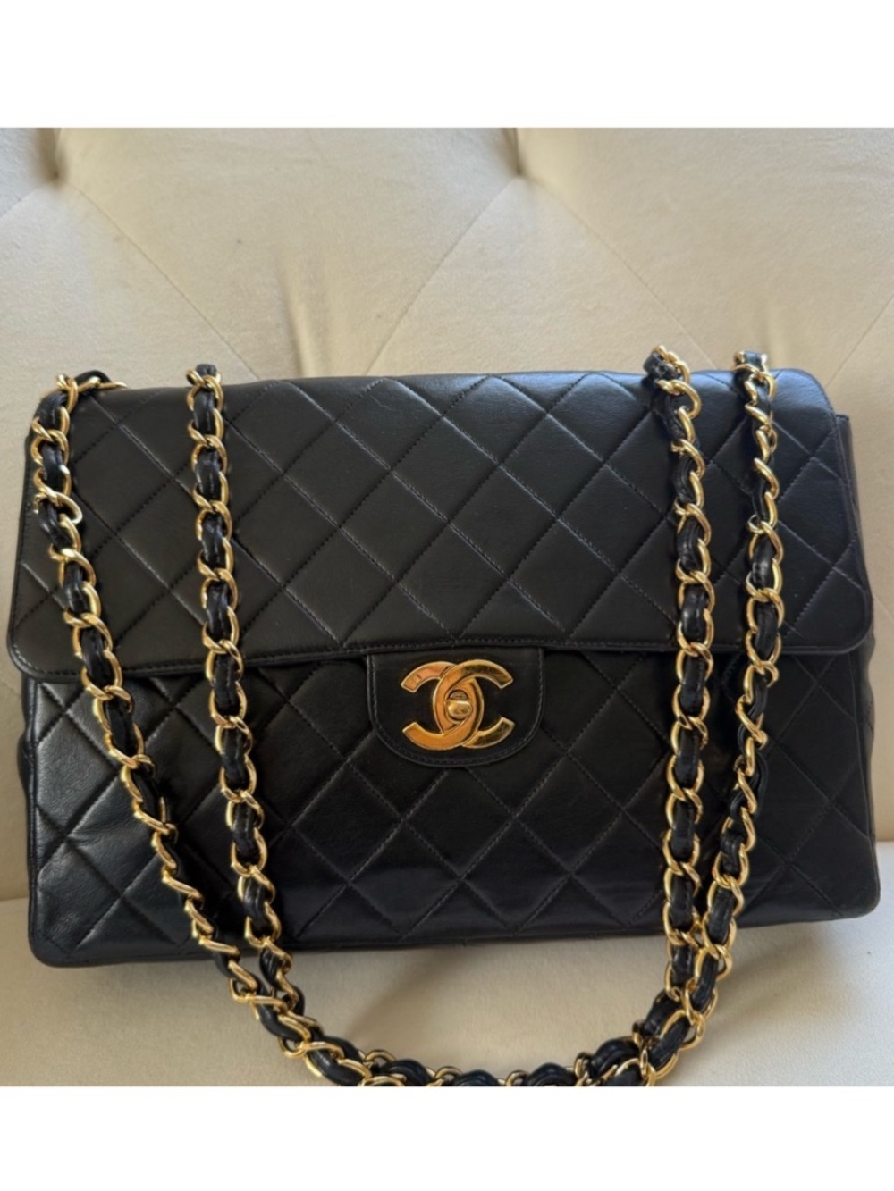 Vinatge Chanel Black Quilted Leather 24k gold plated hardware jumbo Flap Bag